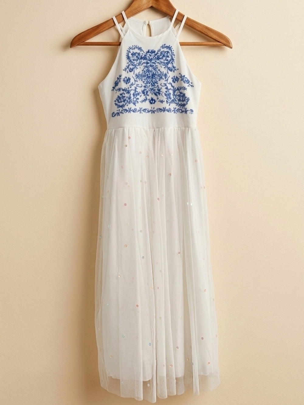 Speechless White Halter Dress with Blue Embroidered Bodice - Picture 2 of 5